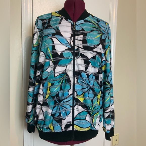 NWOT Alfred Dunner Zip-Up BlueWhite Tropical print Casual bomber Jacket … - Picture 2 of 14